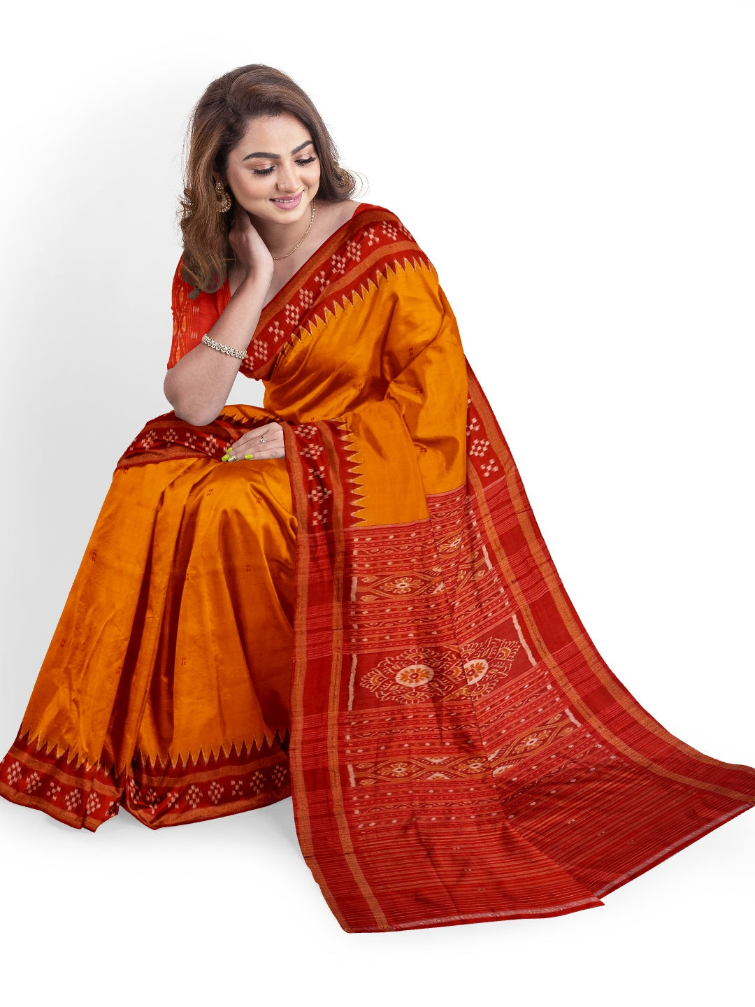 Golden Odisha Khandua Pata Silk Saree paired with cotton ikat blouse piece