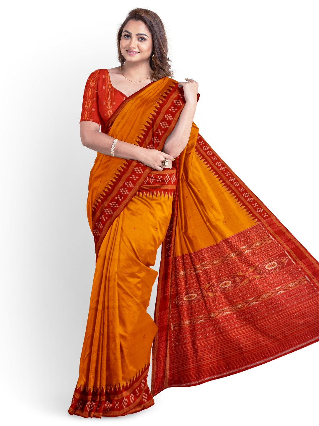 Golden Odisha Khandua Pata Silk Saree paired with cotton ikat blouse piece
