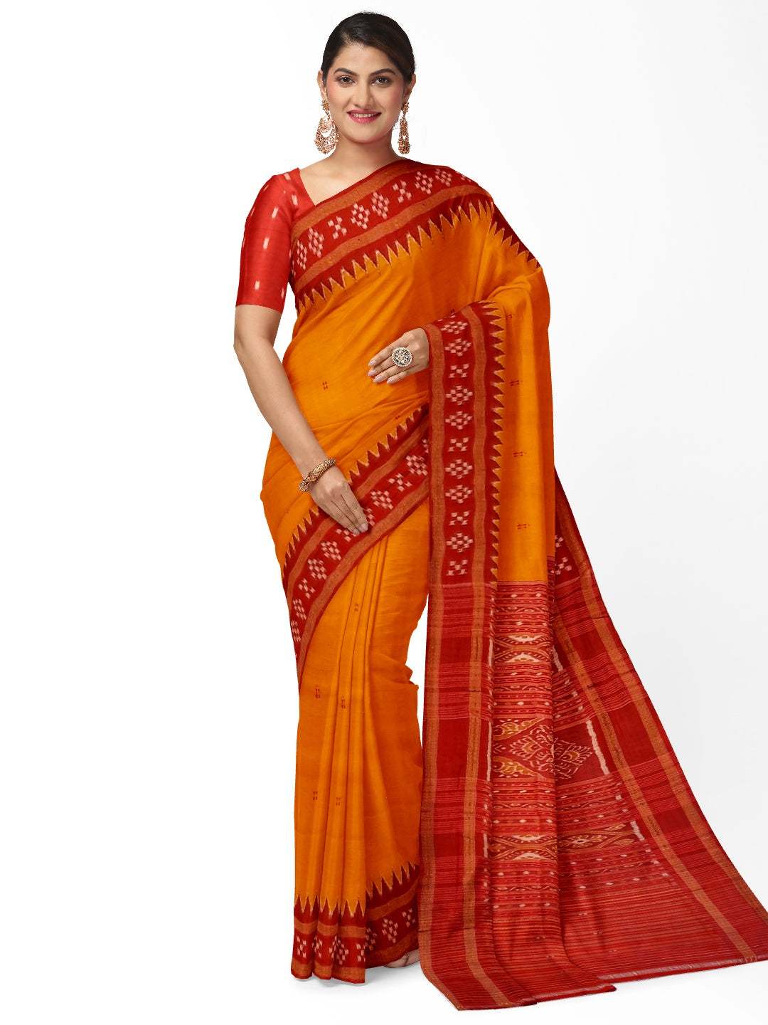 Golden Odisha Khandua Pata Silk Saree paired with cotton ikat blouse piece