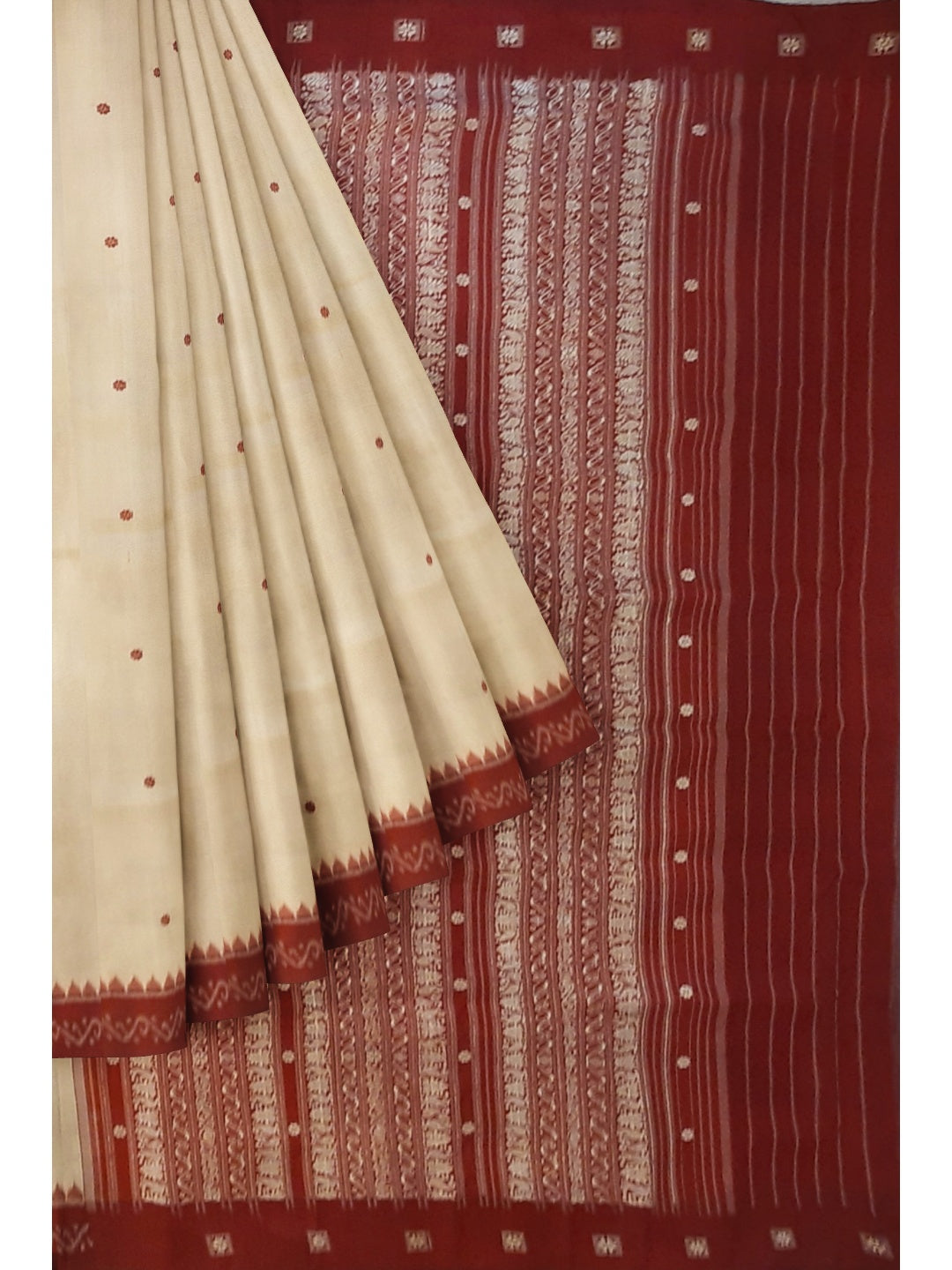 Offwhite with Maroon Sambalpuri Silk Saree with running plain blouse piece