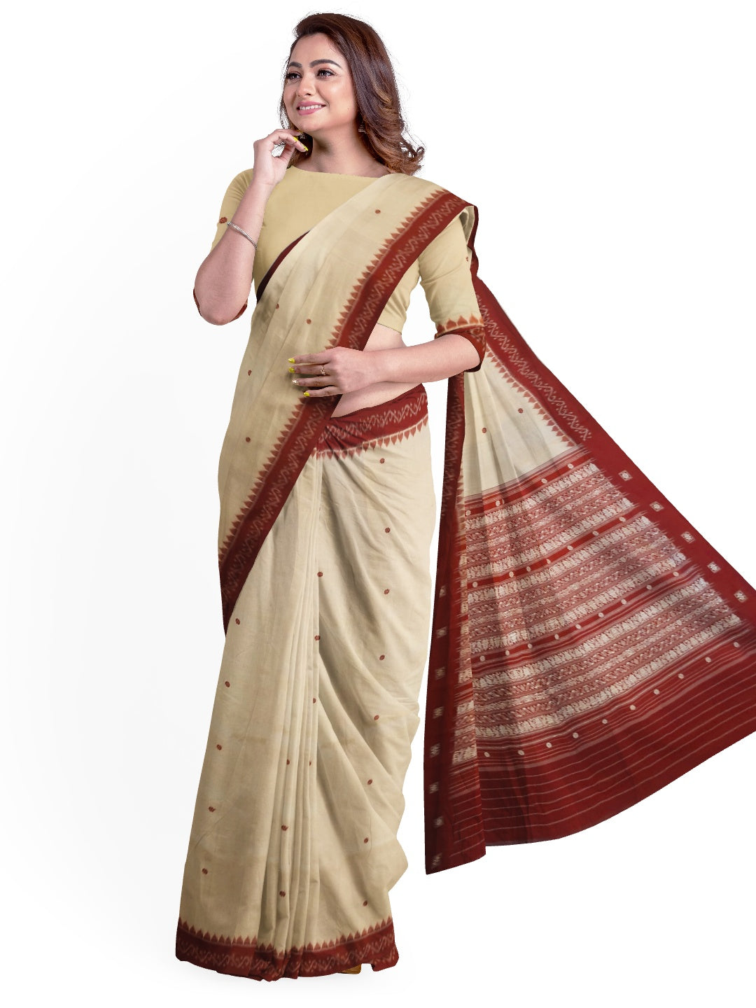 Offwhite with Maroon Sambalpuri Silk Saree with running plain blouse piece