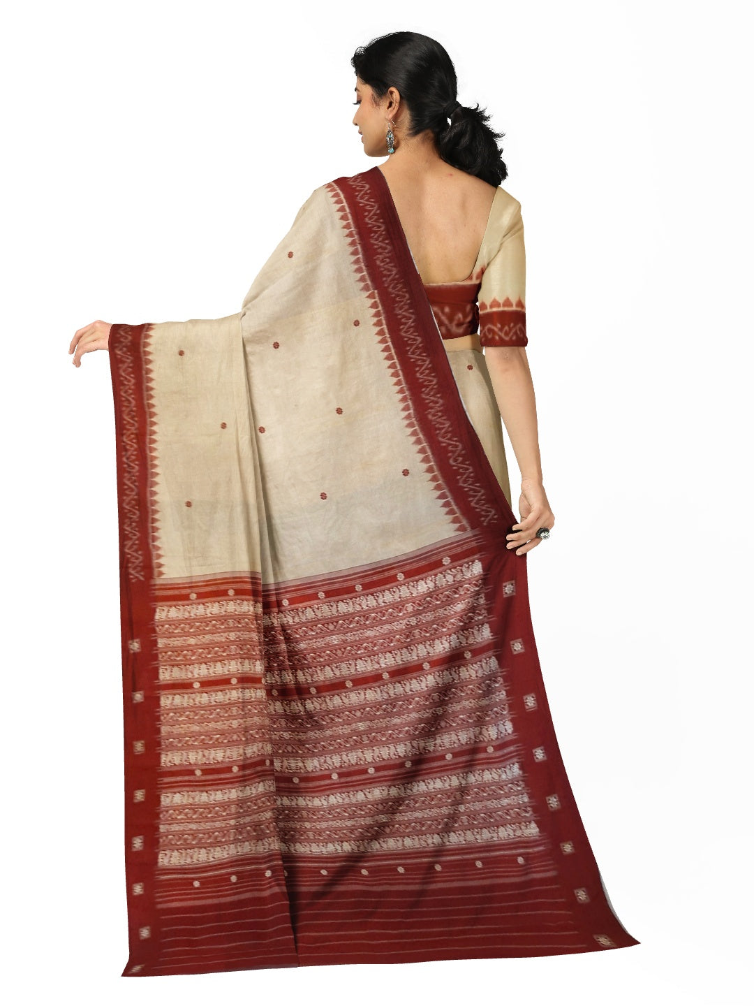 Offwhite with Maroon Sambalpuri Silk Saree with running plain blouse piece