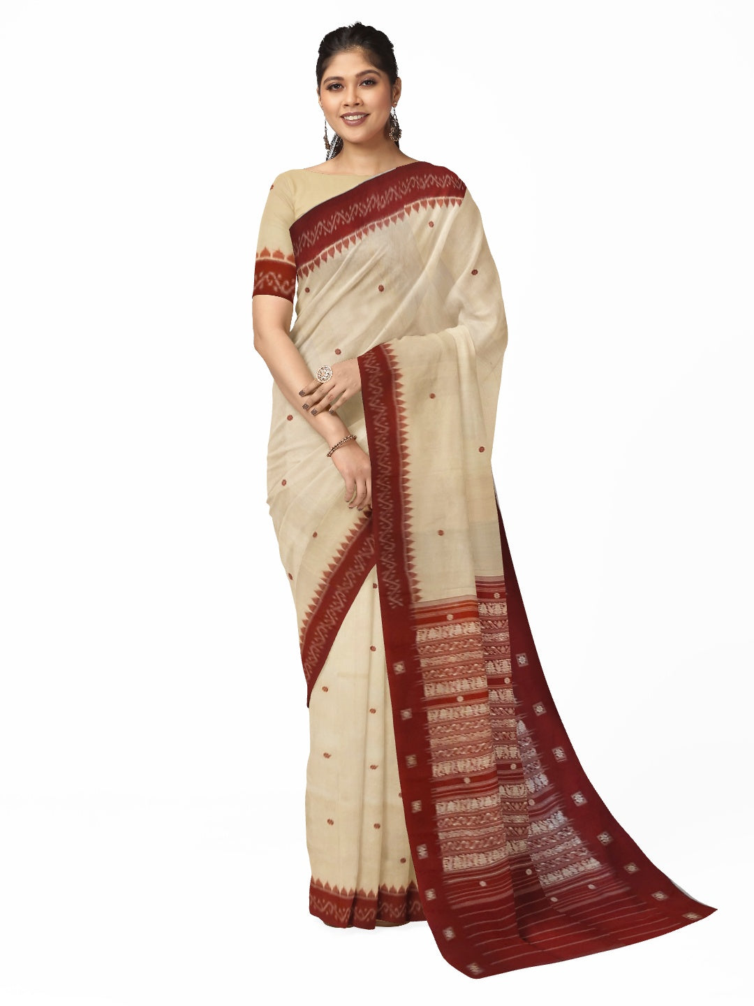 Offwhite with Maroon Sambalpuri Silk Saree with running plain blouse piece