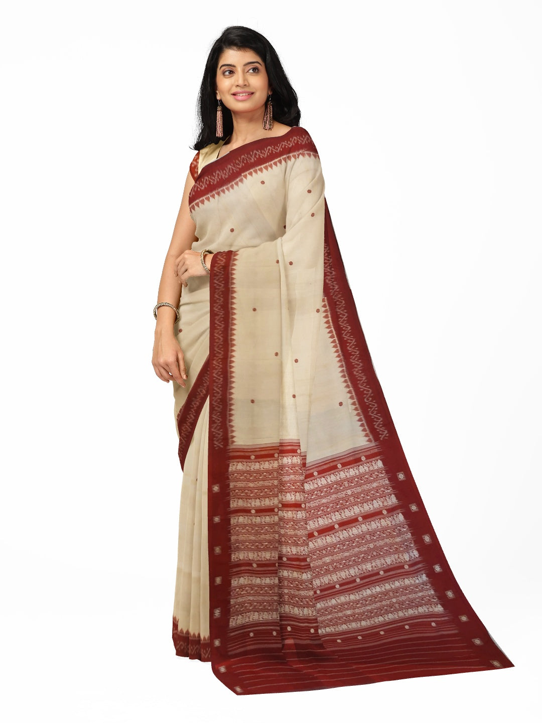 Offwhite with Maroon Sambalpuri Silk Saree with running plain blouse piece