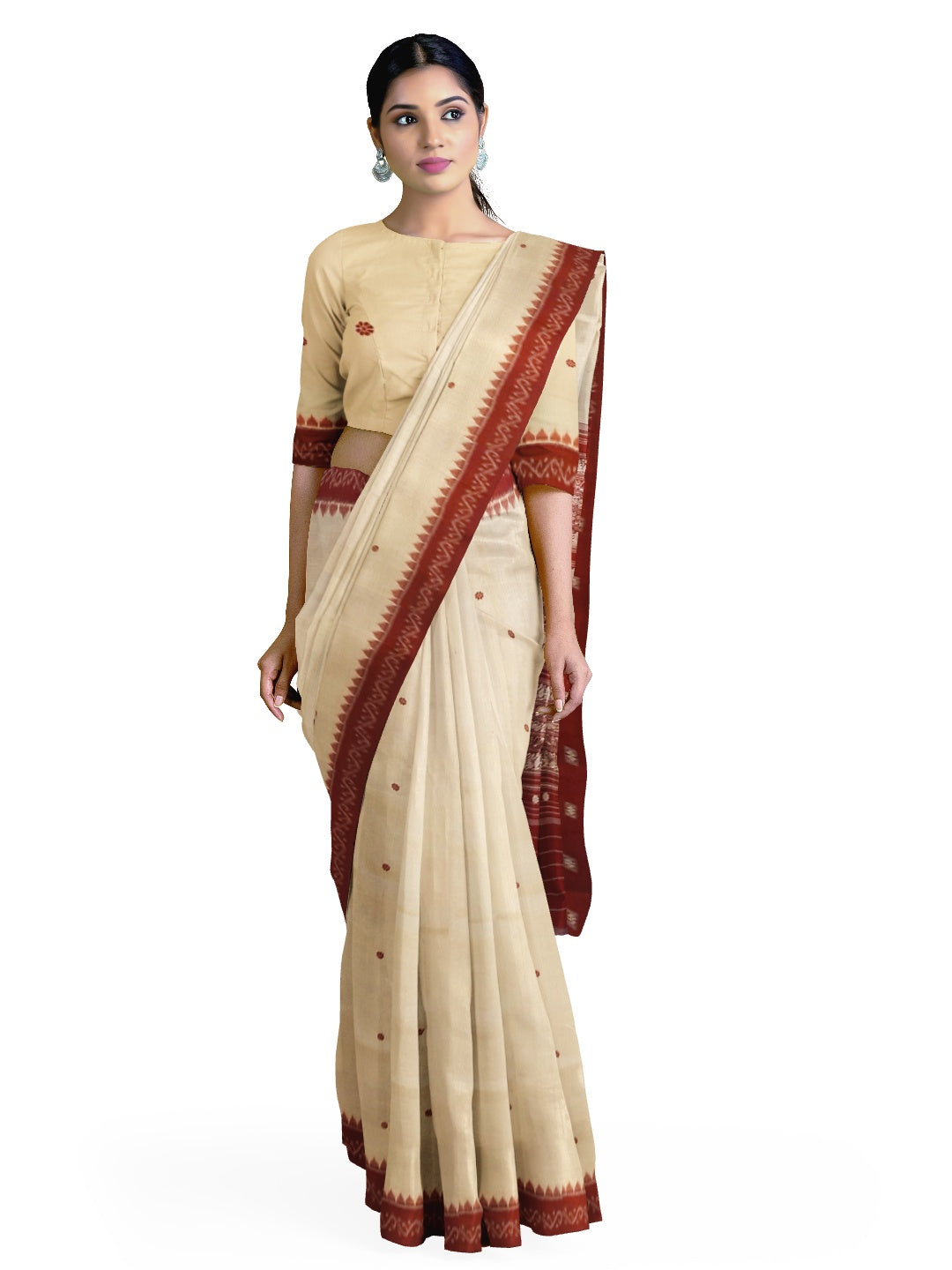 Offwhite with Maroon Sambalpuri Silk Saree with running plain blouse piece