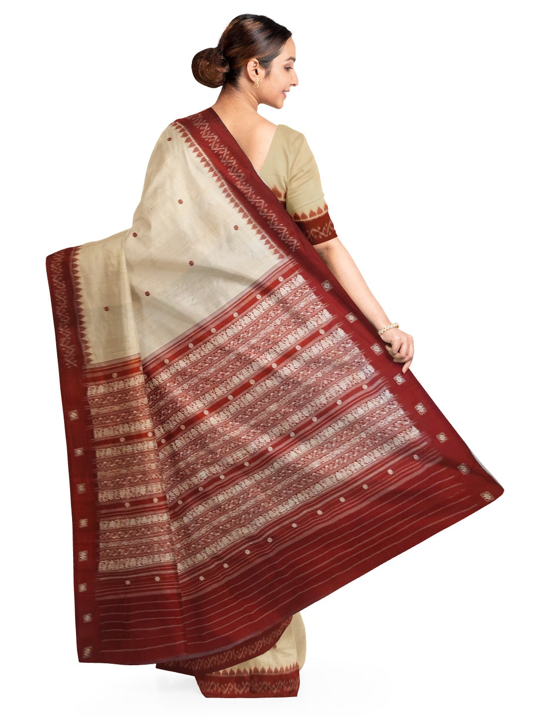 Offwhite with Maroon Sambalpuri Silk Saree with running plain blouse piece