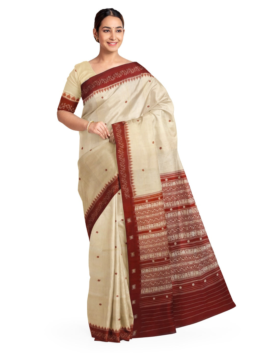 Offwhite with Maroon Sambalpuri Silk Saree with running plain blouse piece