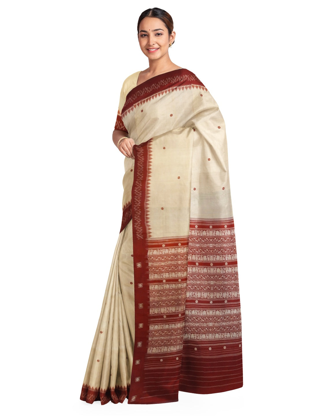Offwhite with Maroon Sambalpuri Silk Saree with running plain blouse piece