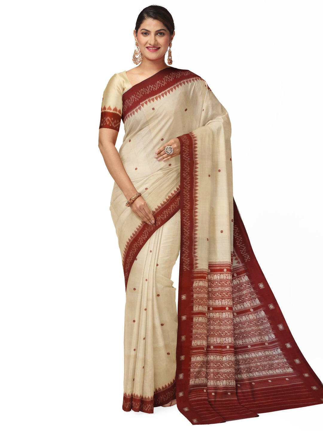 Offwhite with Maroon Sambalpuri Silk Saree with running plain blouse piece