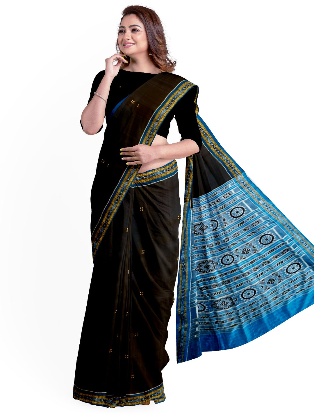 Black with Blue Fish motif Odisha Khandua Patta Silk Saree paired with cotton ikat blouse piece