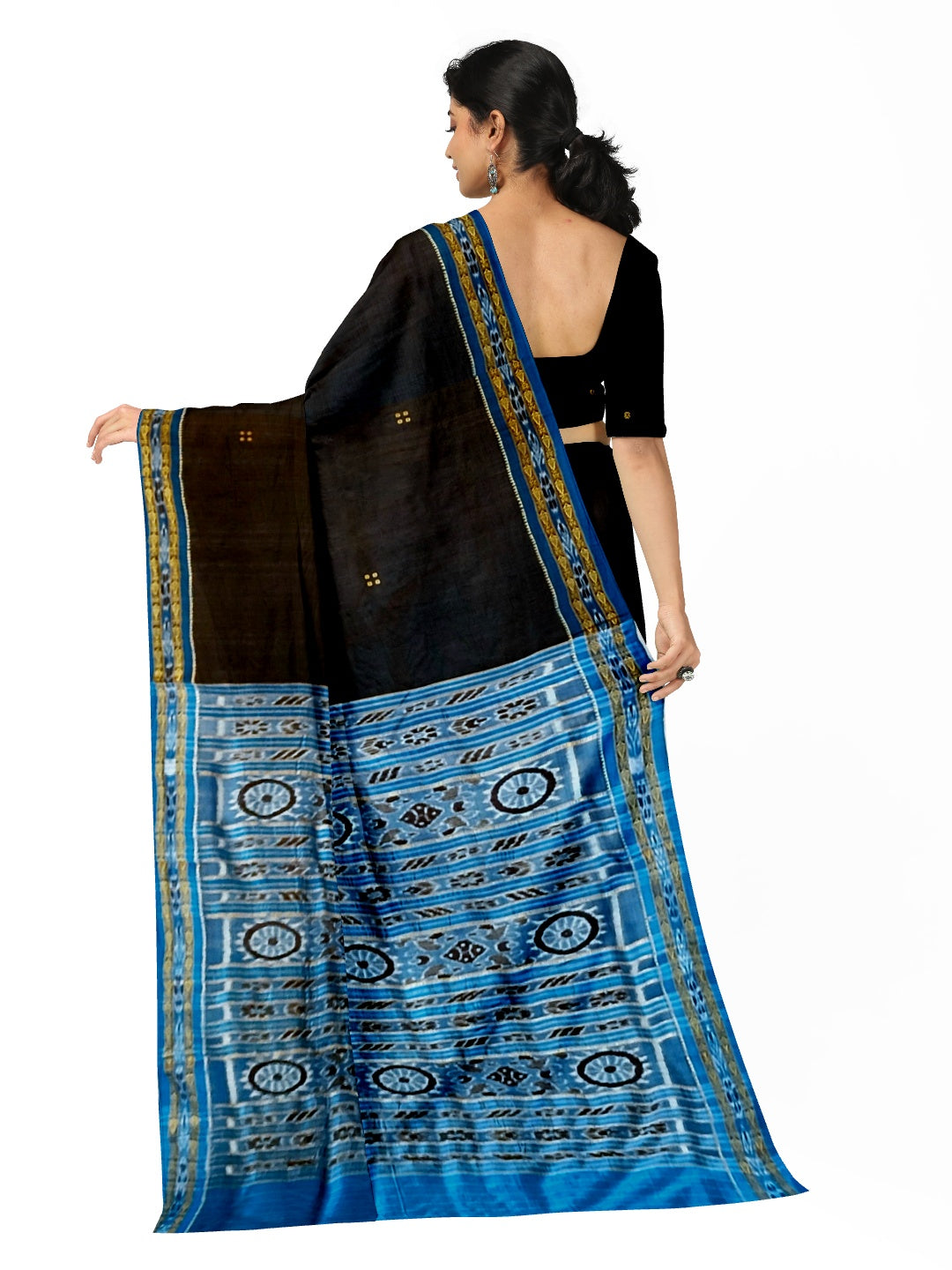 Black with Blue Fish motif Odisha Khandua Patta Silk Saree paired with cotton ikat blouse piece