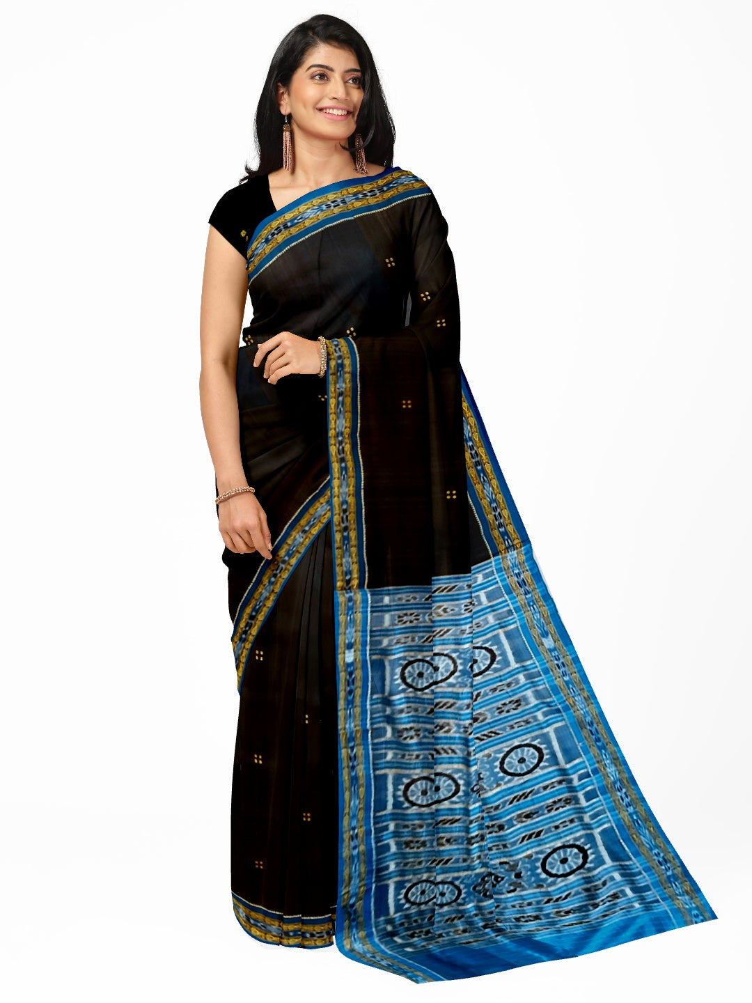 Black with Blue Fish motif Odisha Khandua Patta Silk Saree paired with cotton ikat blouse piece
