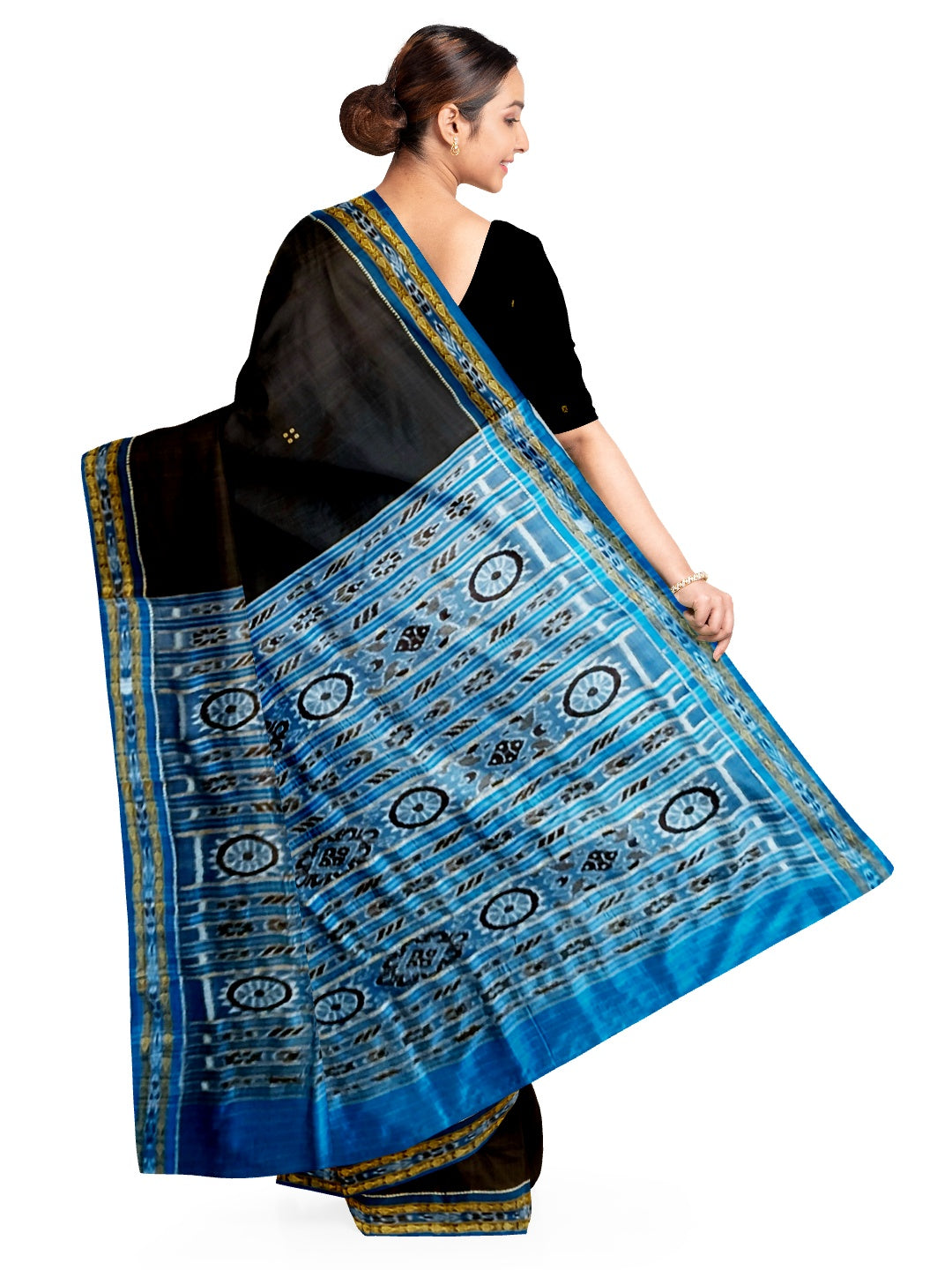 Black with Blue Fish motif Odisha Khandua Patta Silk Saree paired with cotton ikat blouse piece
