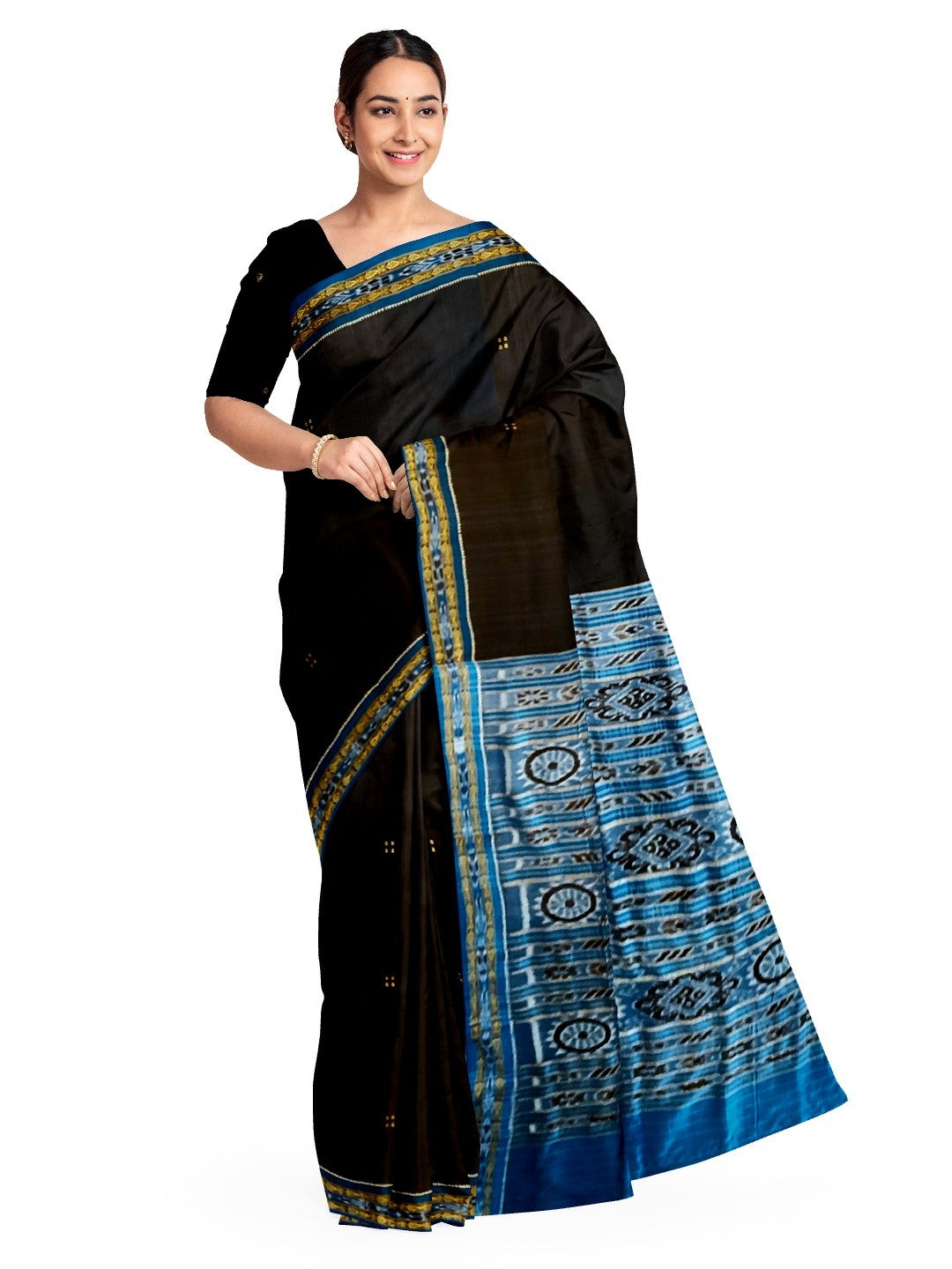 Black with Blue Fish motif Odisha Khandua Patta Silk Saree paired with cotton ikat blouse piece