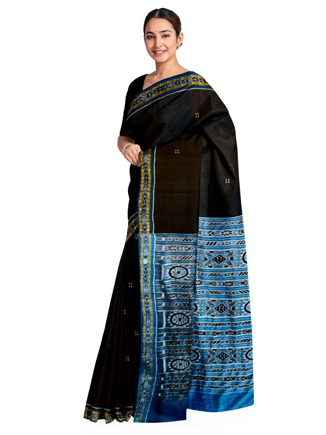 Black with Blue Fish motif Odisha Khandua Patta Silk Saree paired with cotton ikat blouse piece
