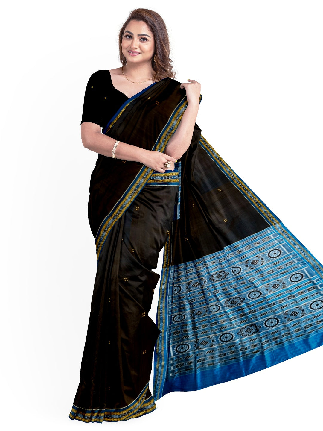 Black with Blue Fish motif Odisha Khandua Patta Silk Saree paired with cotton ikat blouse piece