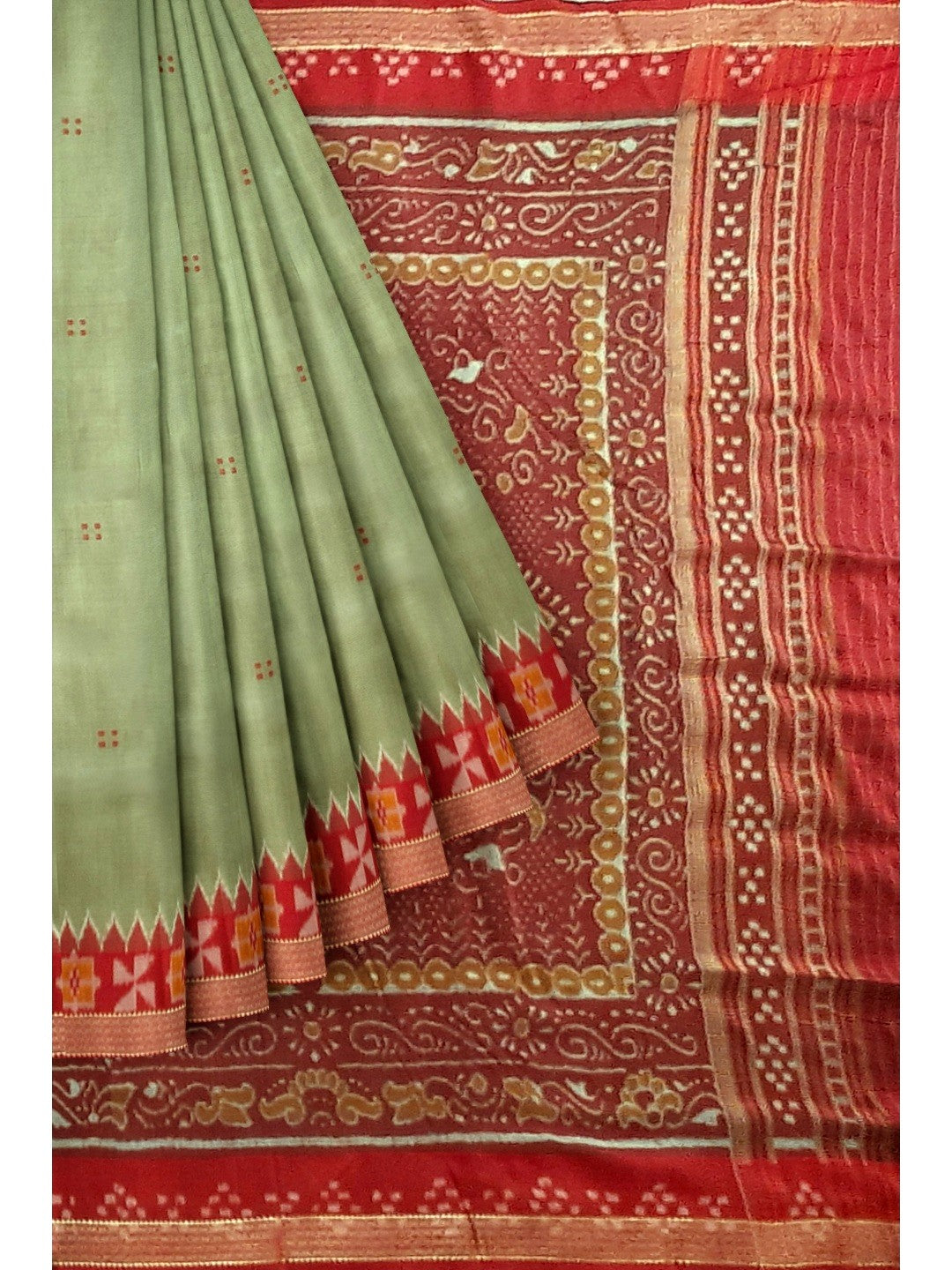 Greenish Grey Odisha Khandua Patta Silk Saree paired with cotton ikat blouse piece