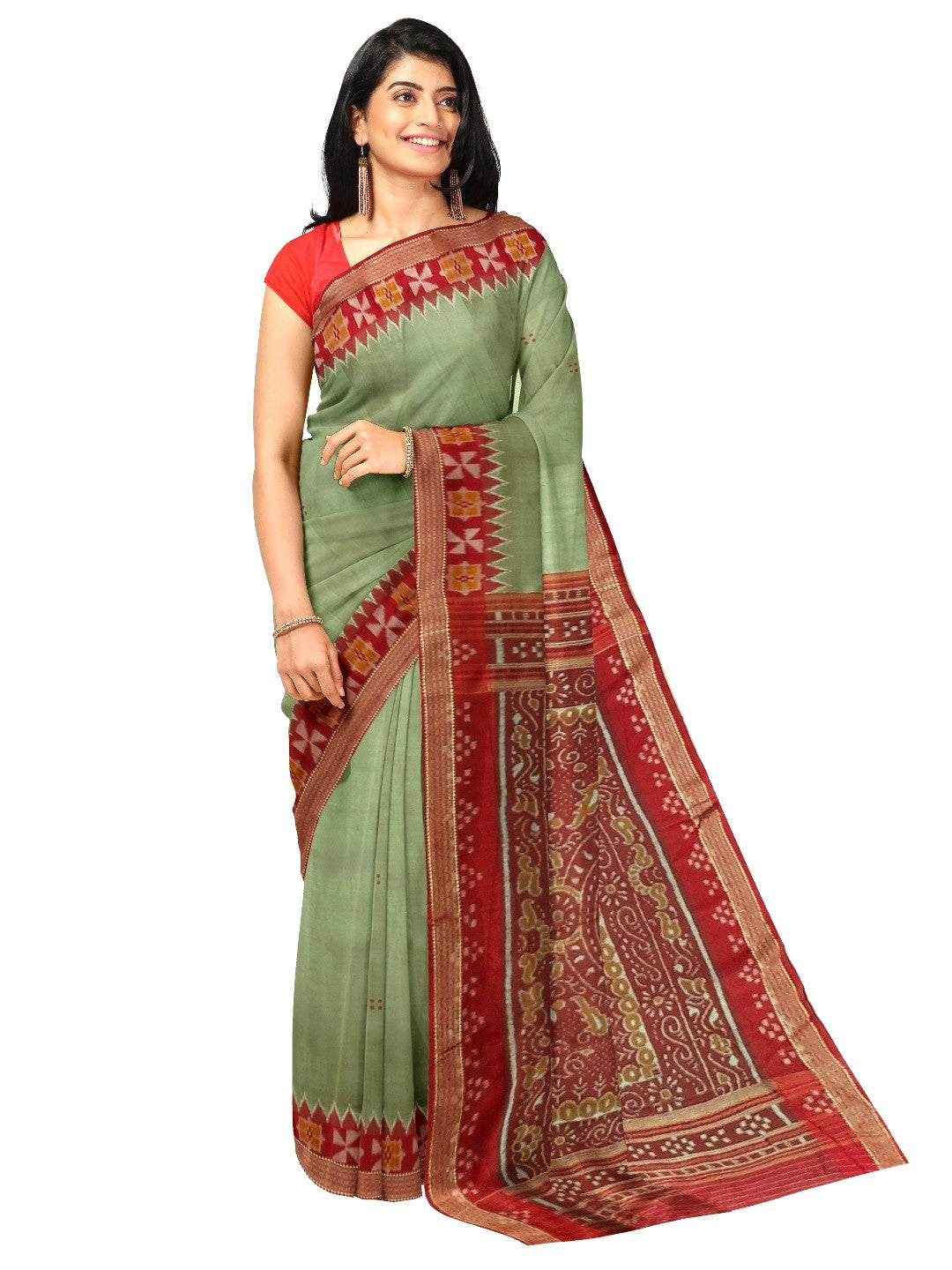 Greenish Grey Odisha Khandua Patta Silk Saree paired with cotton ikat blouse piece
