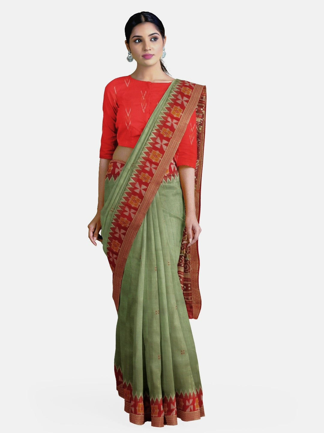 Greenish Grey Odisha Khandua Patta Silk Saree paired with cotton ikat blouse piece