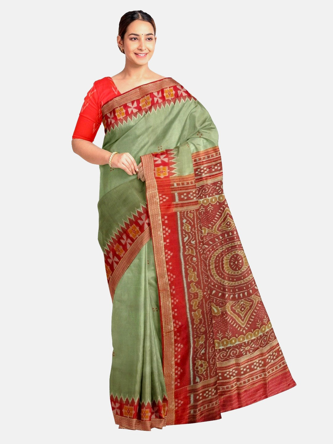 Greenish Grey Odisha Khandua Patta Silk Saree paired with cotton ikat blouse piece