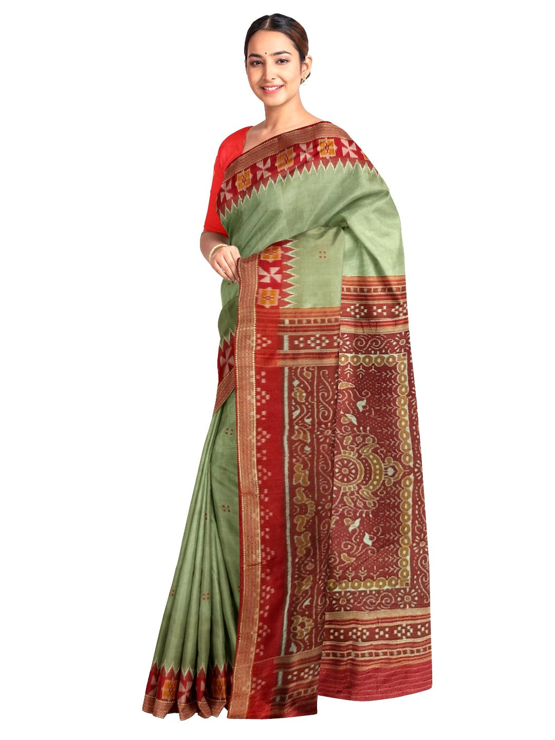 Greenish Grey Odisha Khandua Patta Silk Saree paired with cotton ikat blouse piece