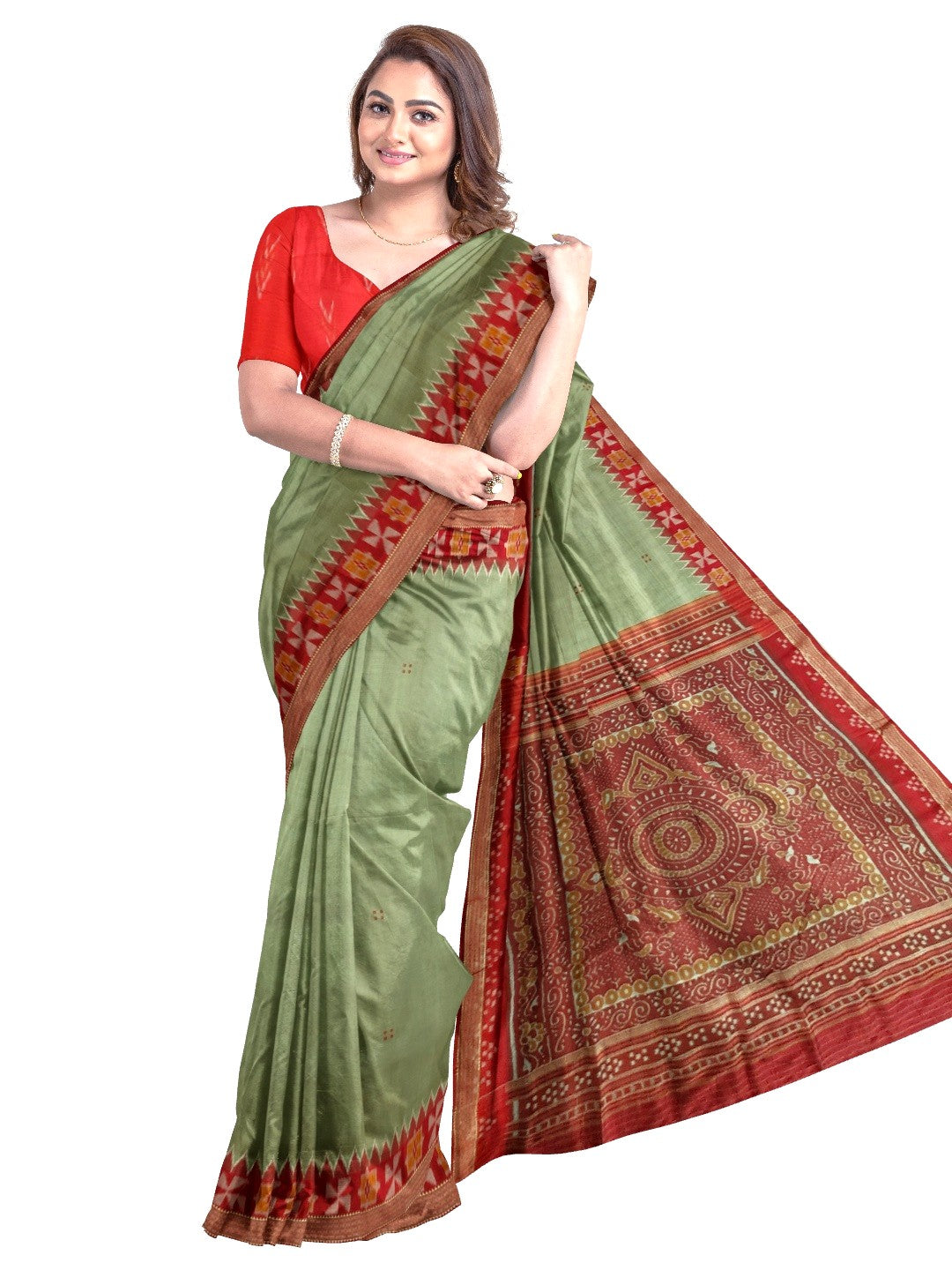 Greenish Grey Odisha Khandua Patta Silk Saree paired with cotton ikat blouse piece