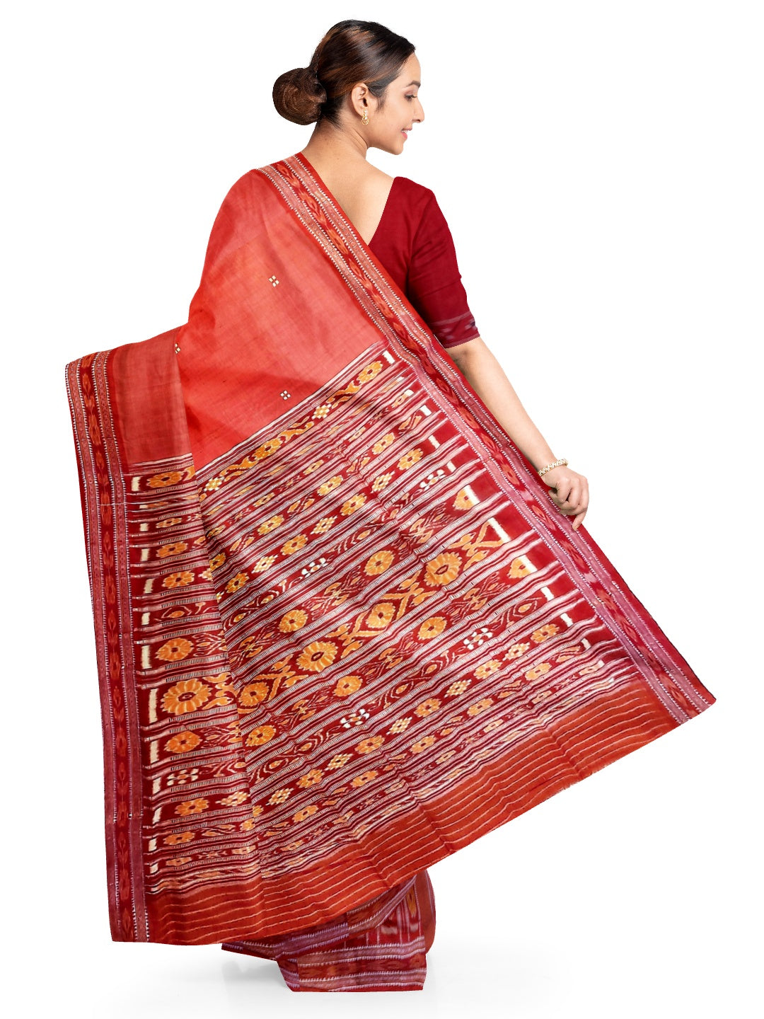 Pink with Red Patli pleats Tussar Silk Odisha Ikat Saree with cotton ikat blouse piece