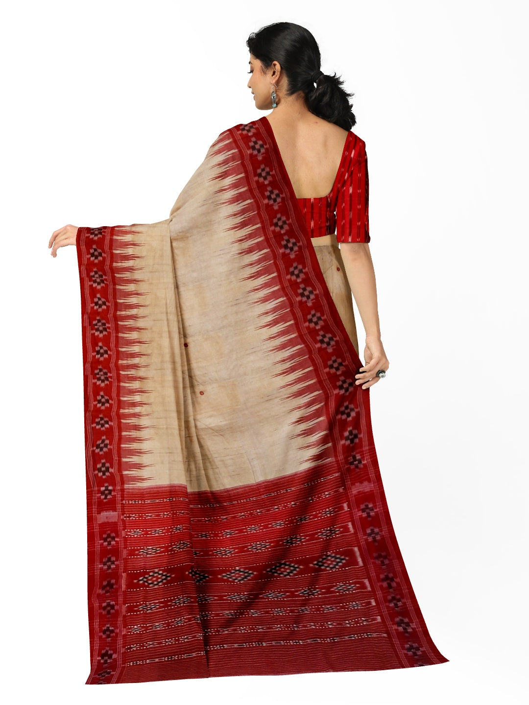 Beige with Red Tussar Silk Odisha Ikat Saree paired with cotton ikat blouse piece