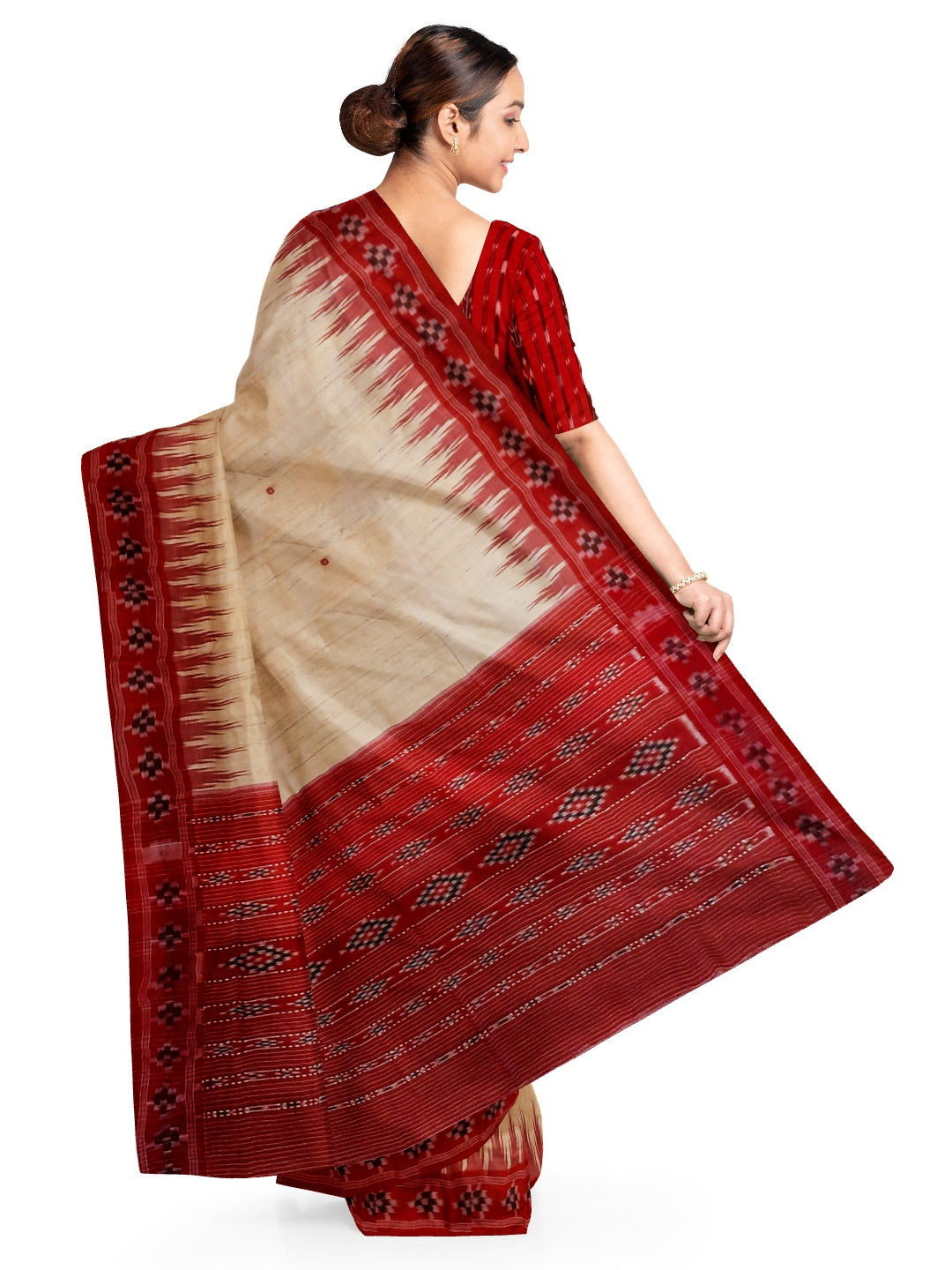 Beige with Red Tussar Silk Odisha Ikat Saree paired with cotton ikat blouse piece