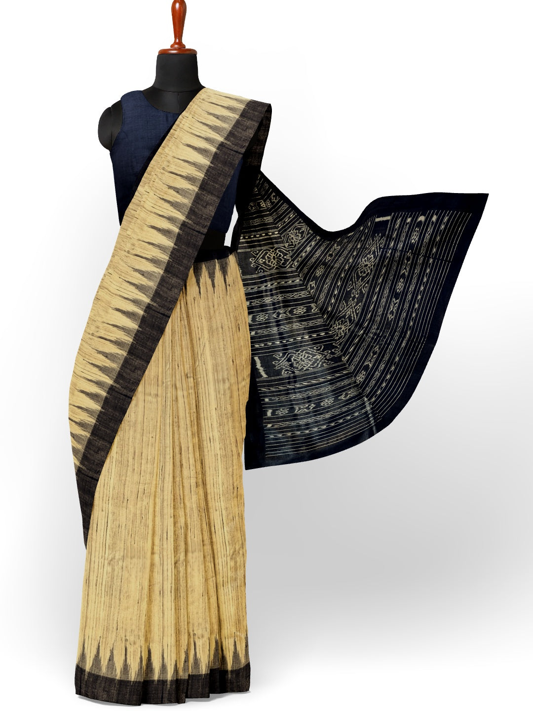 Beige with Black Tussar Ghicha Silk Odisha ikat saree with running blouse piece