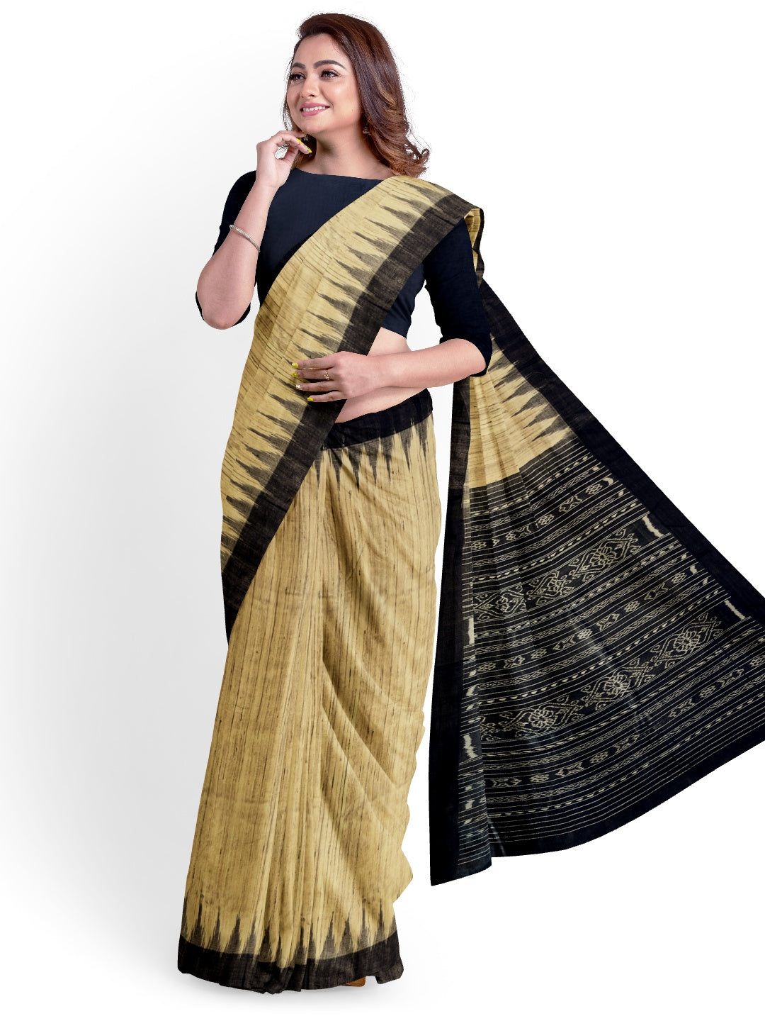 Beige with Black Tussar Ghicha Silk Odisha ikat saree with running blouse piece