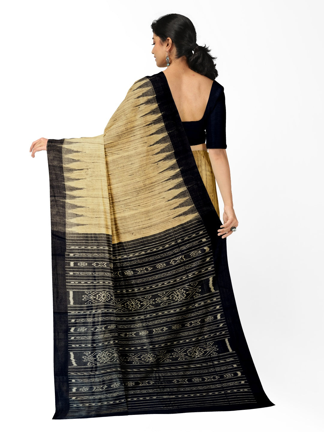 Beige with Black Tussar Ghicha Silk Odisha ikat saree with running blouse piece