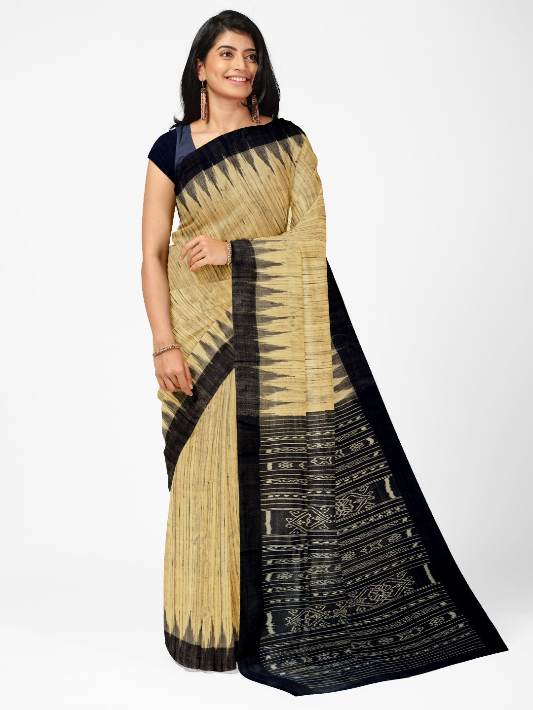 Beige with Black Tussar Ghicha Silk Odisha ikat saree with running blouse piece