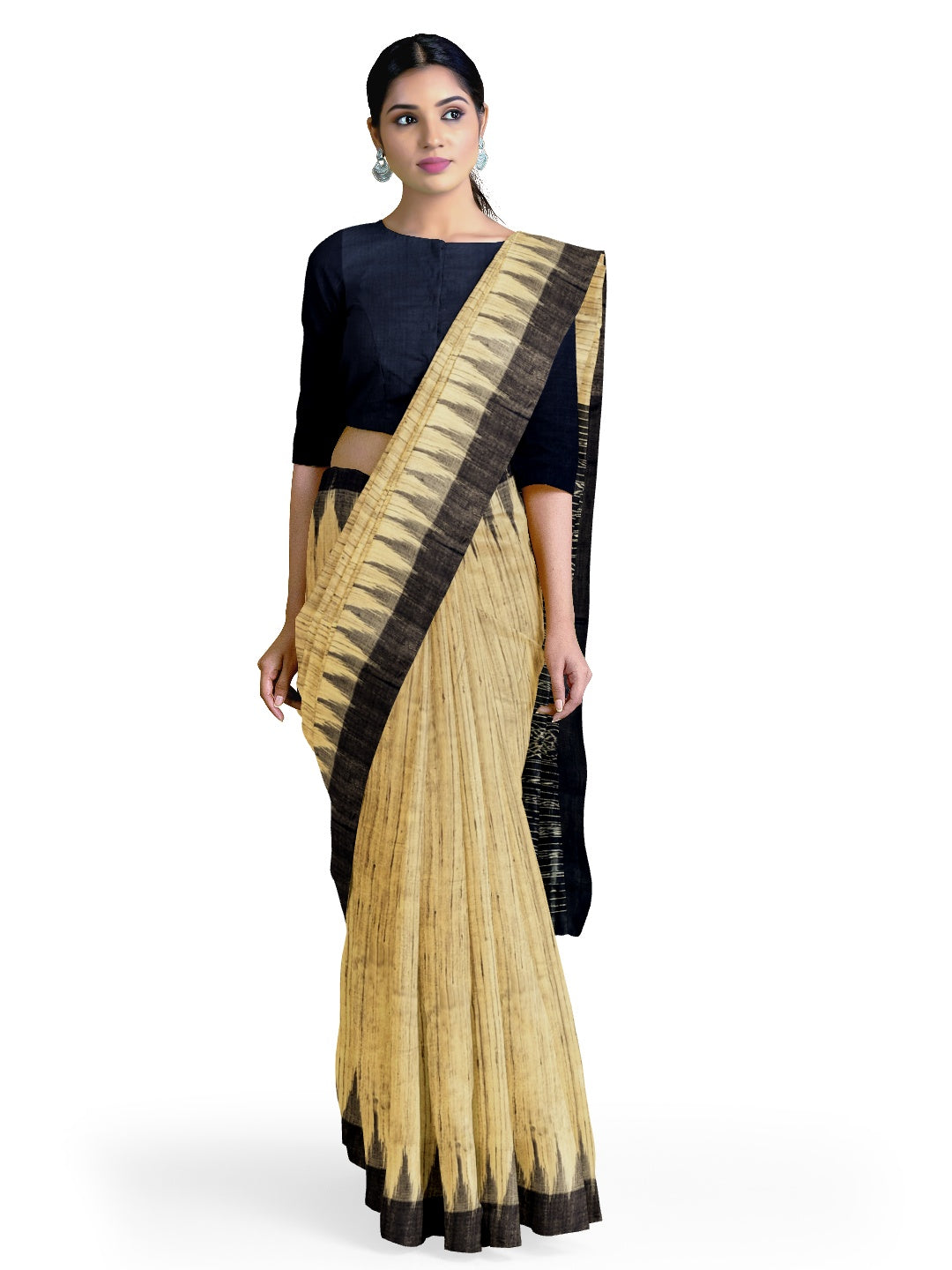 Beige with Black Tussar Ghicha Silk Odisha ikat saree with running blouse piece