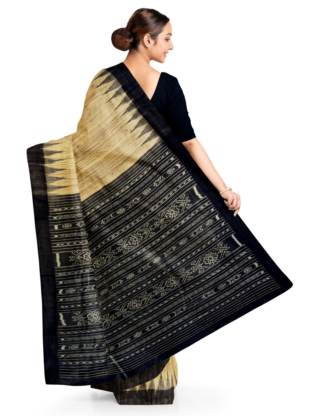 Beige with Black Tussar Ghicha Silk Odisha ikat saree with running blouse piece