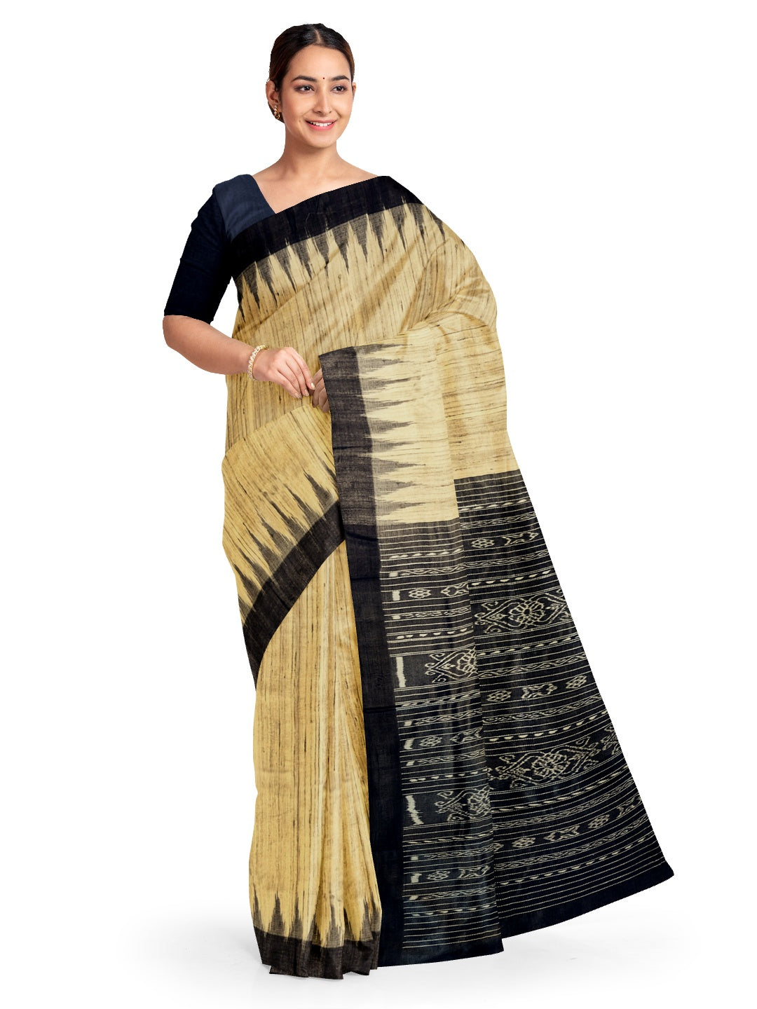Beige with Black Tussar Ghicha Silk Odisha ikat saree with running blouse piece