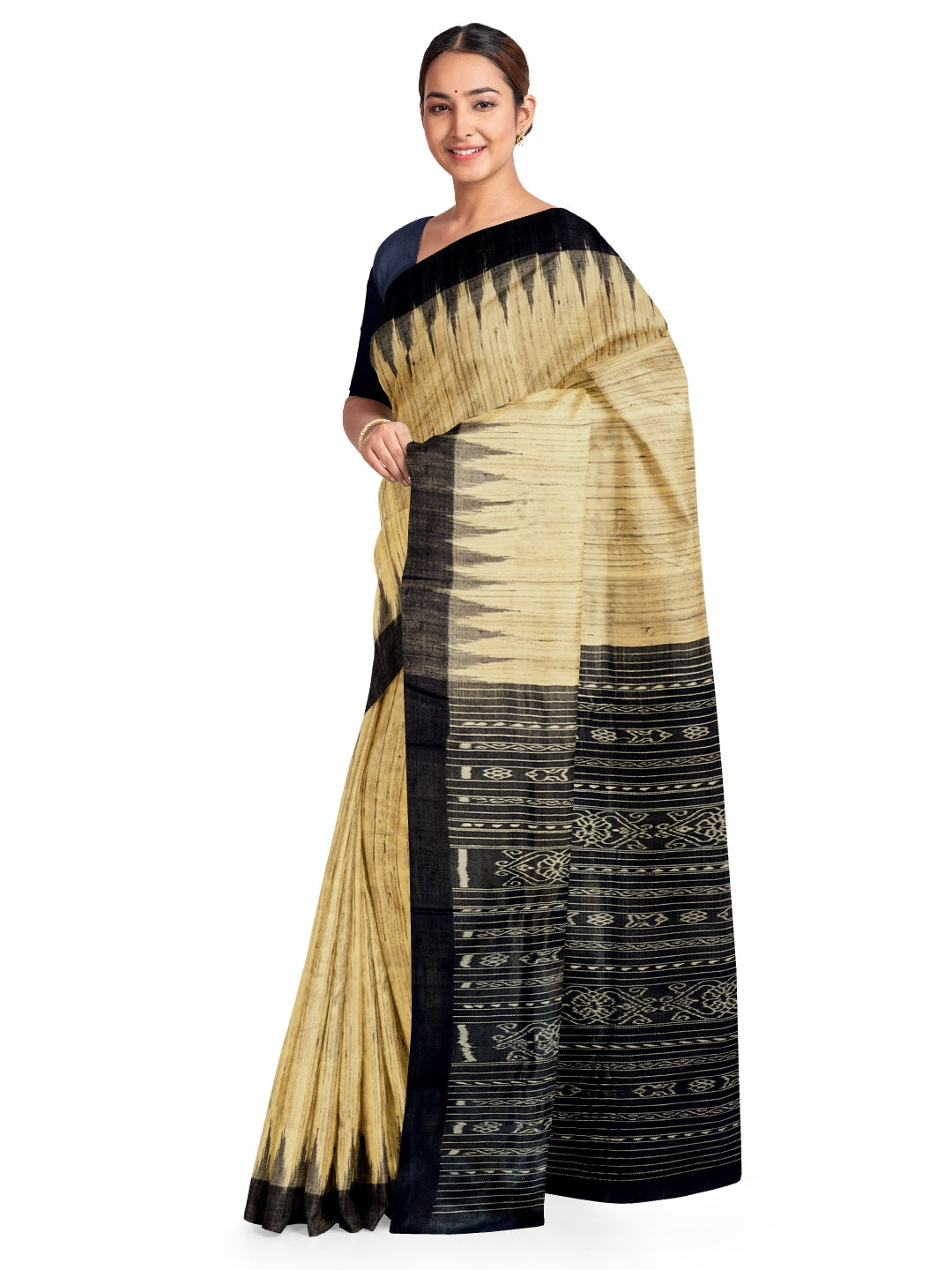 Beige with Black Tussar Ghicha Silk Odisha ikat saree with running blouse piece