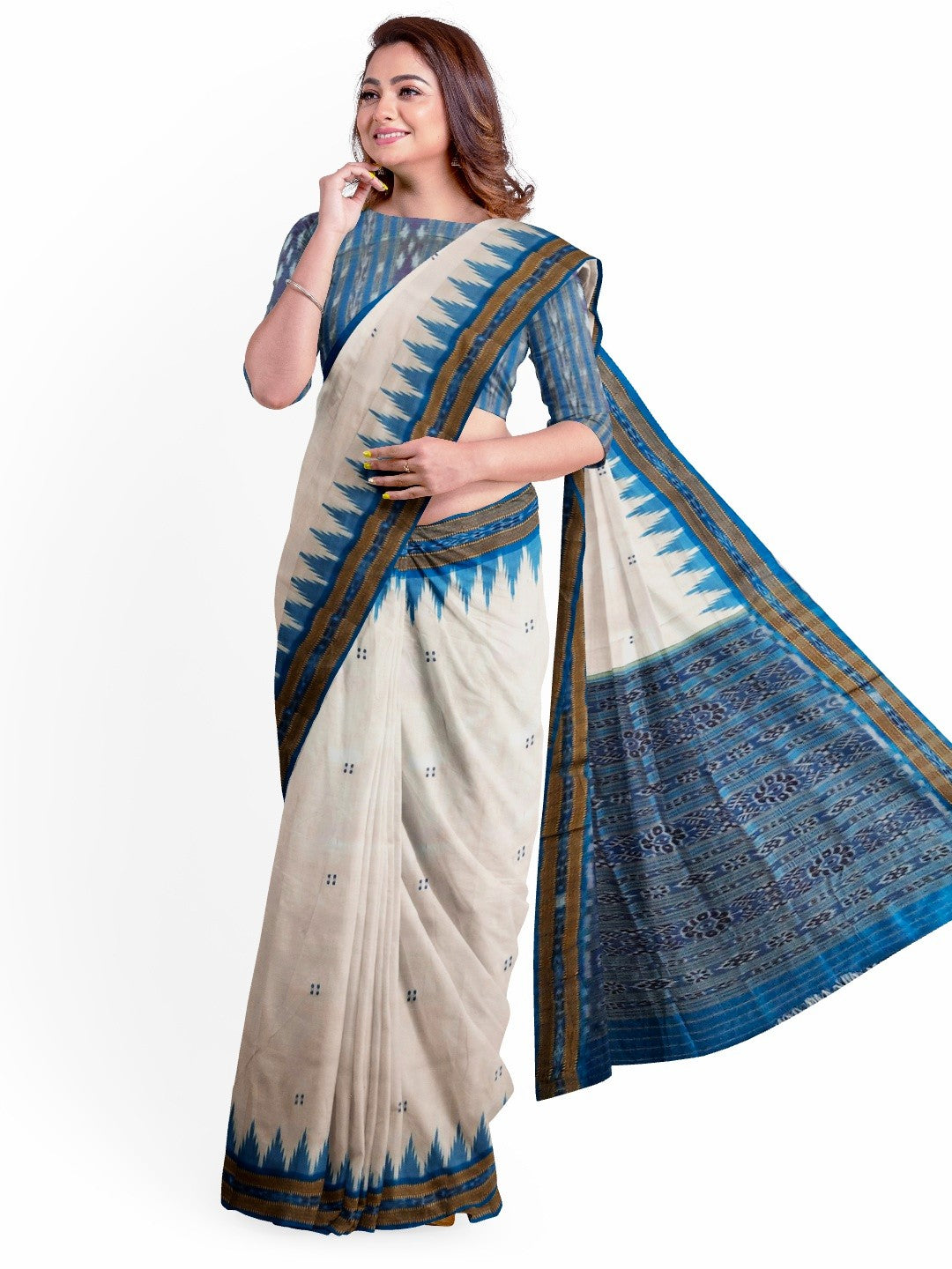 Off-white Odisha Khandua Pata Silk Saree with cotton ikat blouse piece