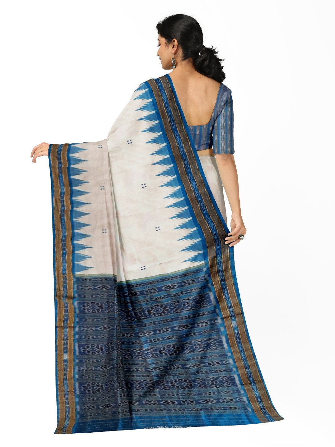 Off-white Odisha Khandua Pata Silk Saree with cotton ikat blouse piece