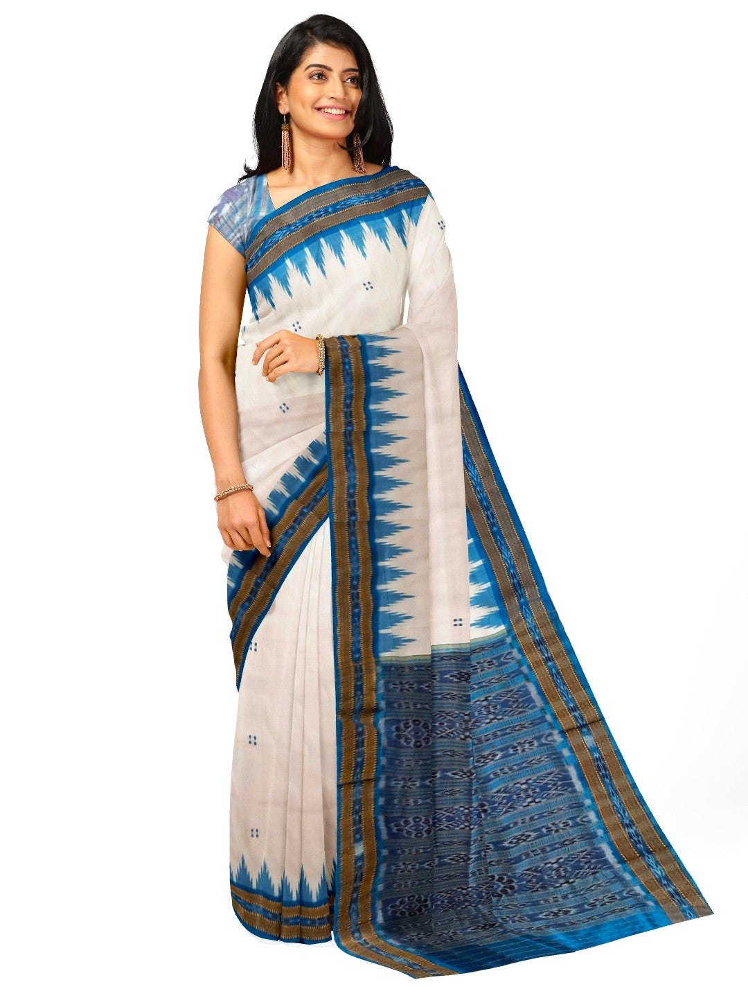 Off-white Odisha Khandua Pata Silk Saree with cotton ikat blouse piece