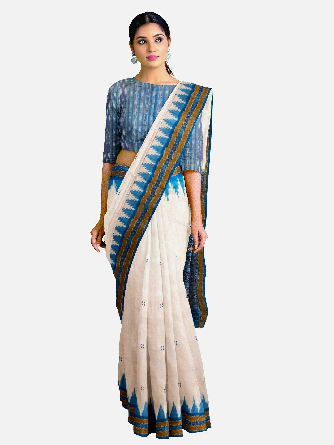 Off-white Odisha Khandua Pata Silk Saree with cotton ikat blouse piece