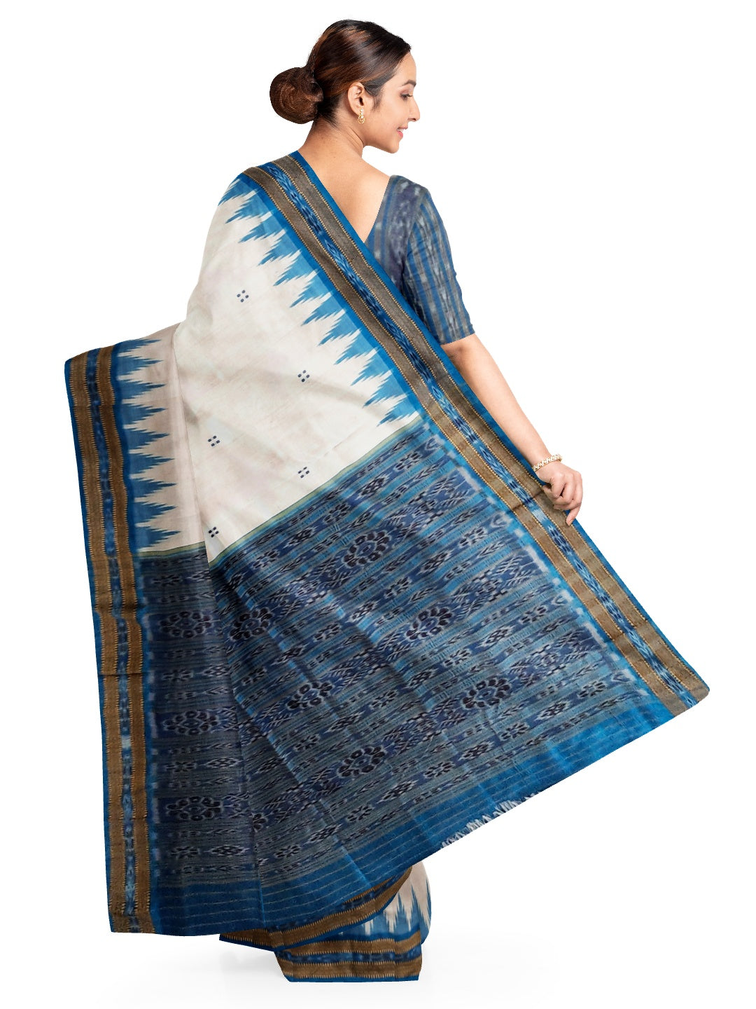Off-white Odisha Khandua Pata Silk Saree with cotton ikat blouse piece