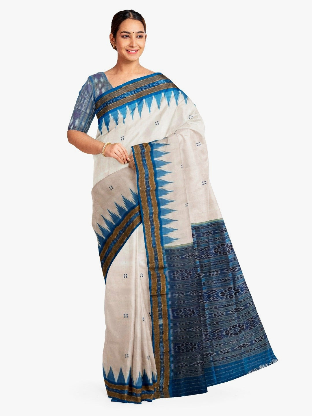 Off-white Odisha Khandua Pata Silk Saree with cotton ikat blouse piece