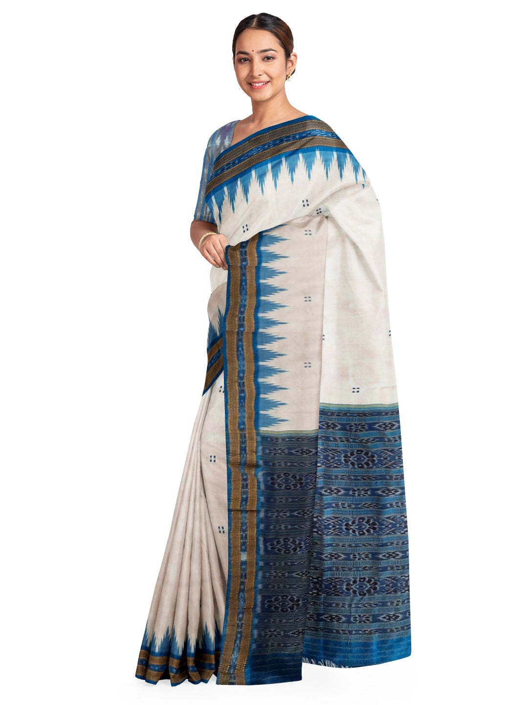 Off-white Odisha Khandua Pata Silk Saree with cotton ikat blouse piece