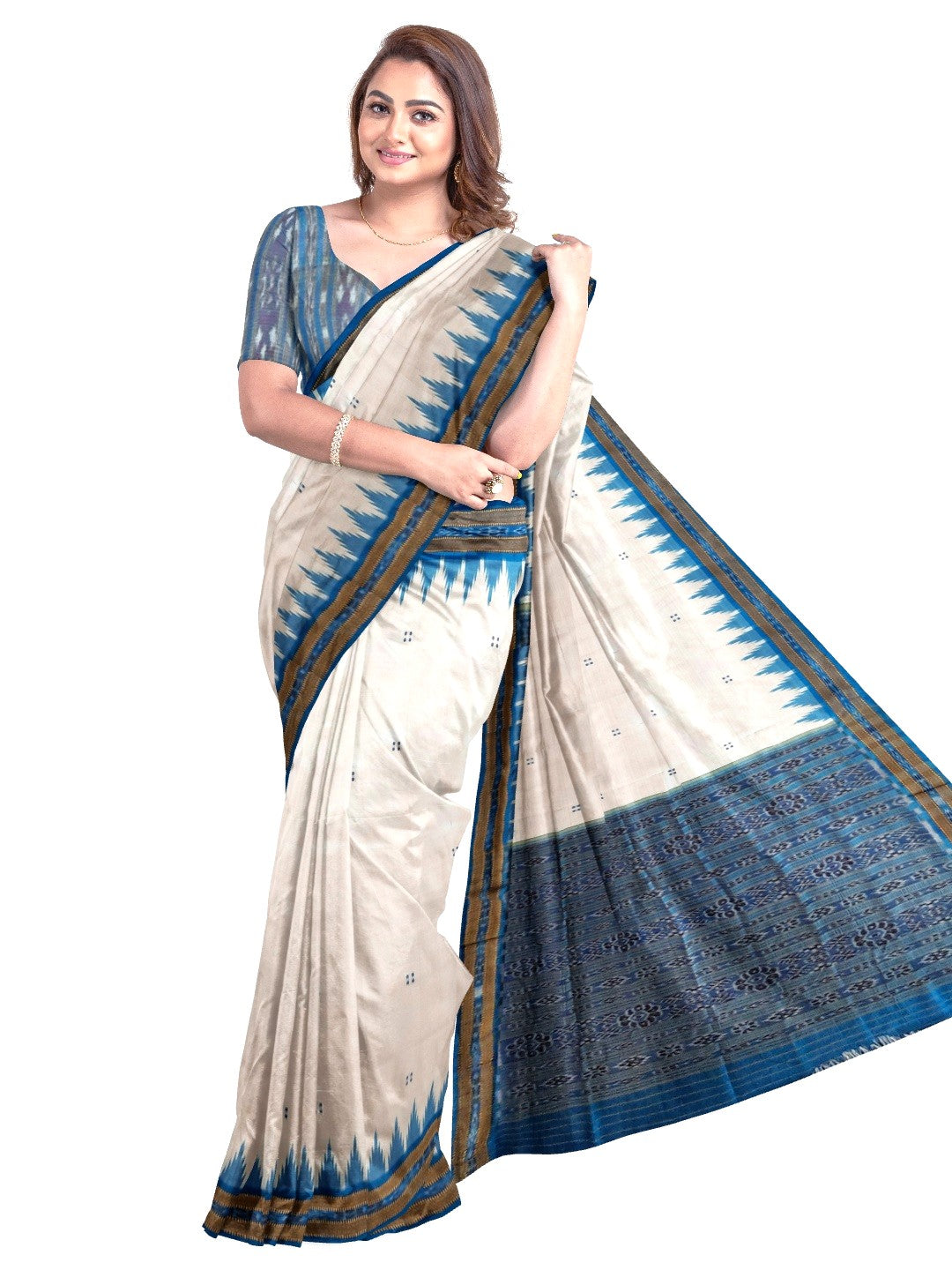 Off-white Odisha Khandua Pata Silk Saree with cotton ikat blouse piece