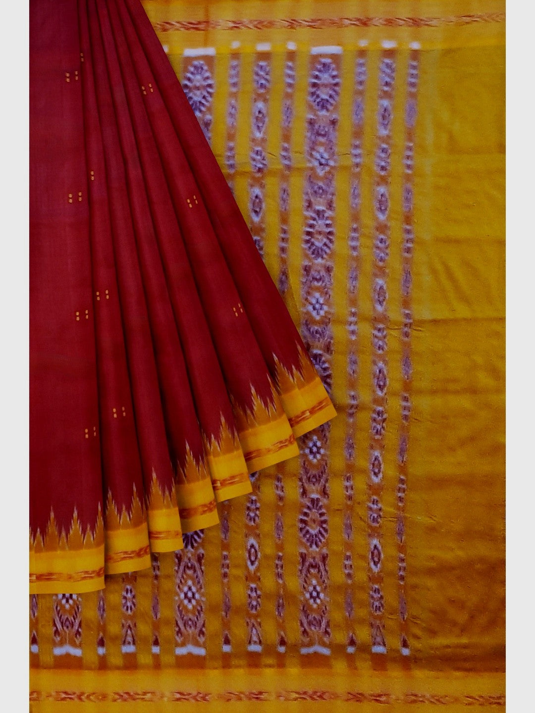 Maroon Odisha Khandua Pata Silk Saree with cotton ikat blouse piece