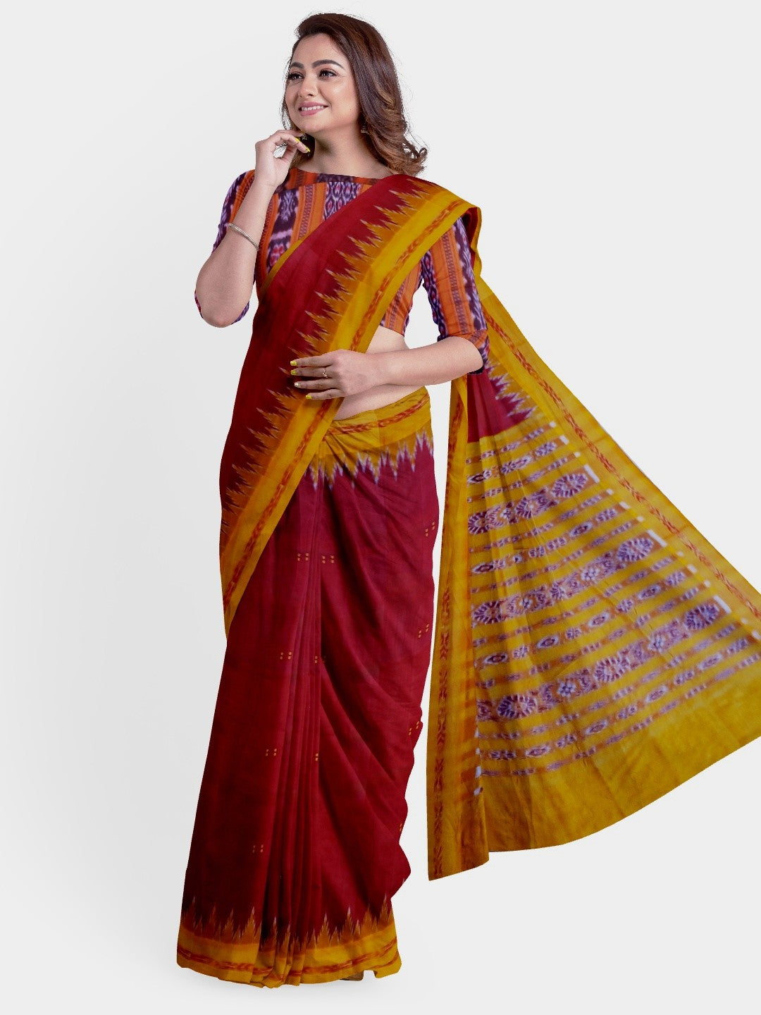 Maroon Odisha Khandua Pata Silk Saree with cotton ikat blouse piece
