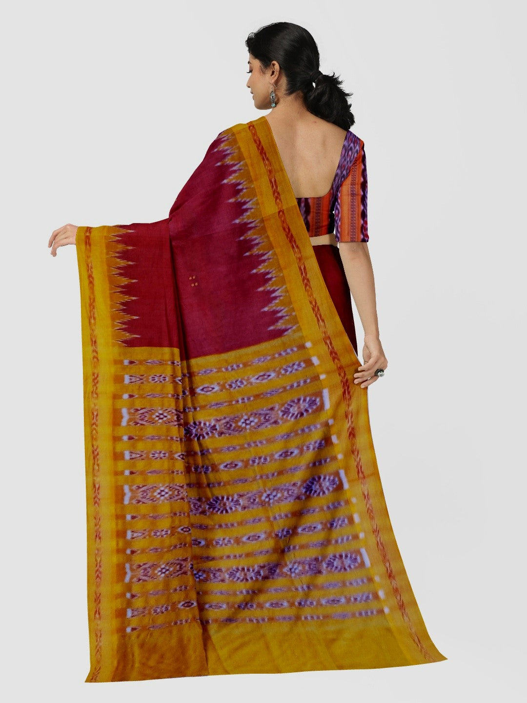 Maroon Odisha Khandua Pata Silk Saree with cotton ikat blouse piece