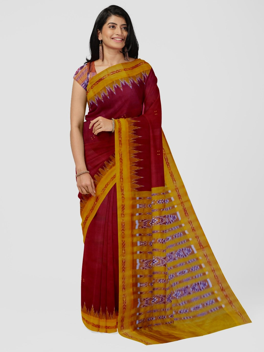 Maroon Odisha Khandua Pata Silk Saree with cotton ikat blouse piece