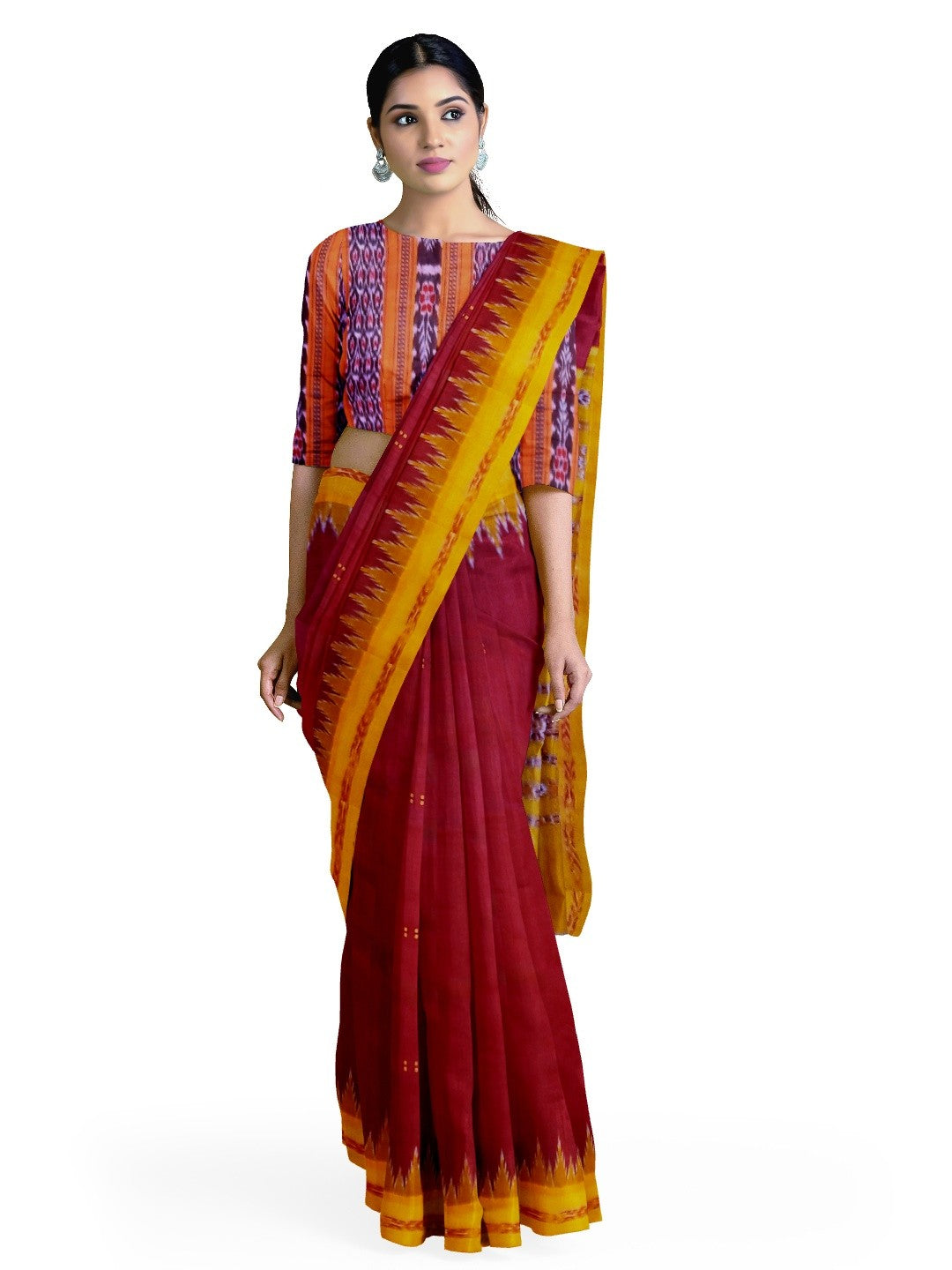 Maroon Odisha Khandua Pata Silk Saree with cotton ikat blouse piece
